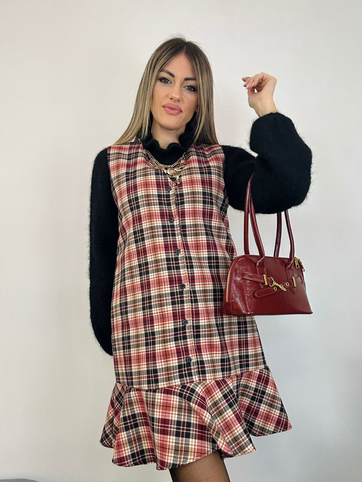 Abito Tartan Smanicato - Nero e Bordeaux