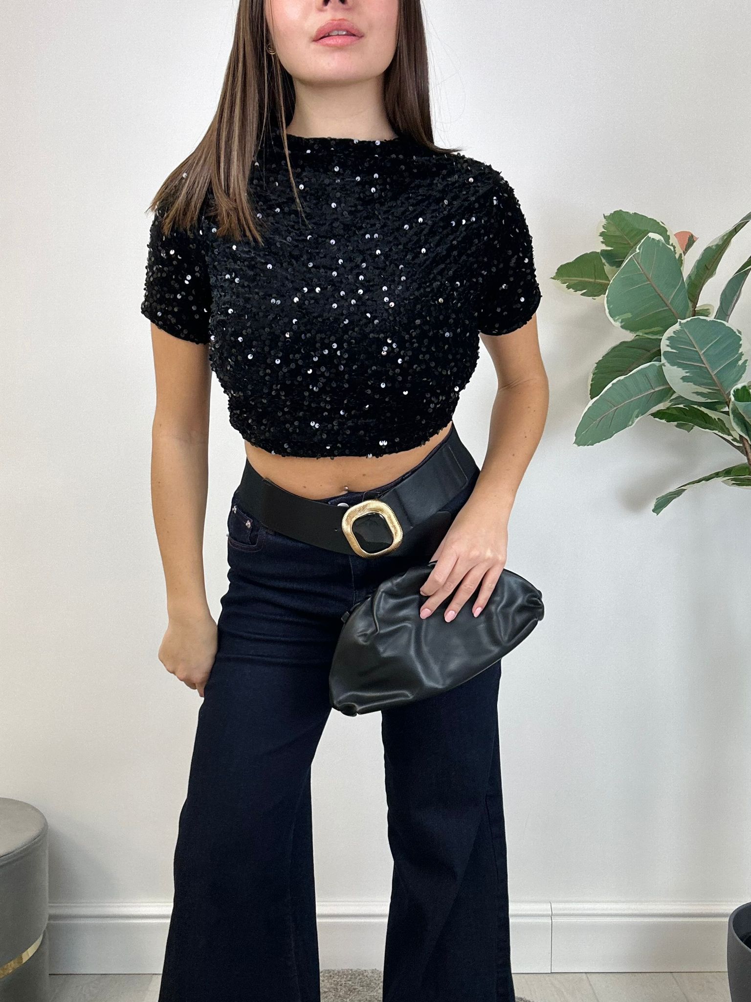 Maglia Crop con Paillettes - Nero