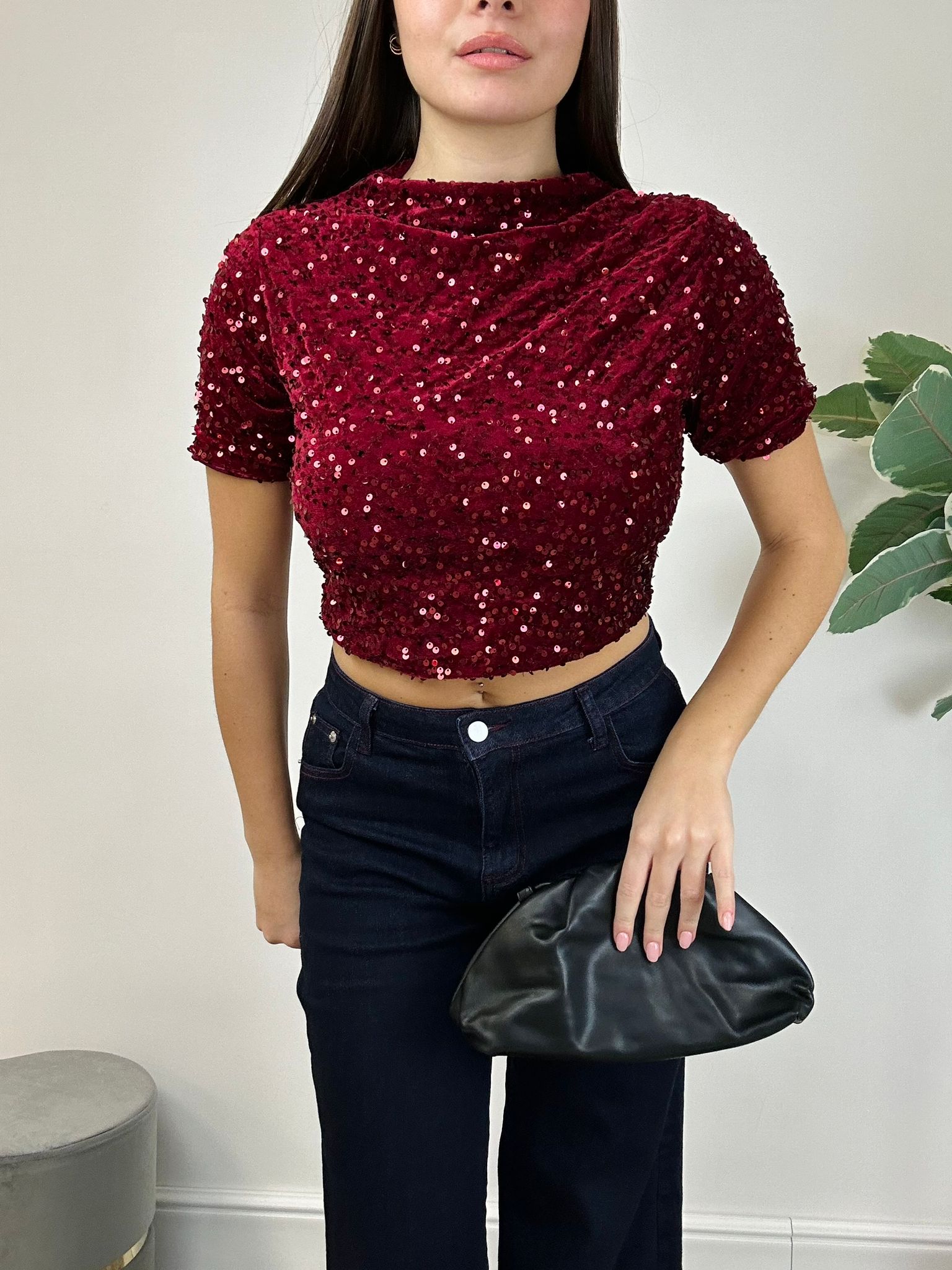 Maglia Crop con Paillettes - Bordeaux