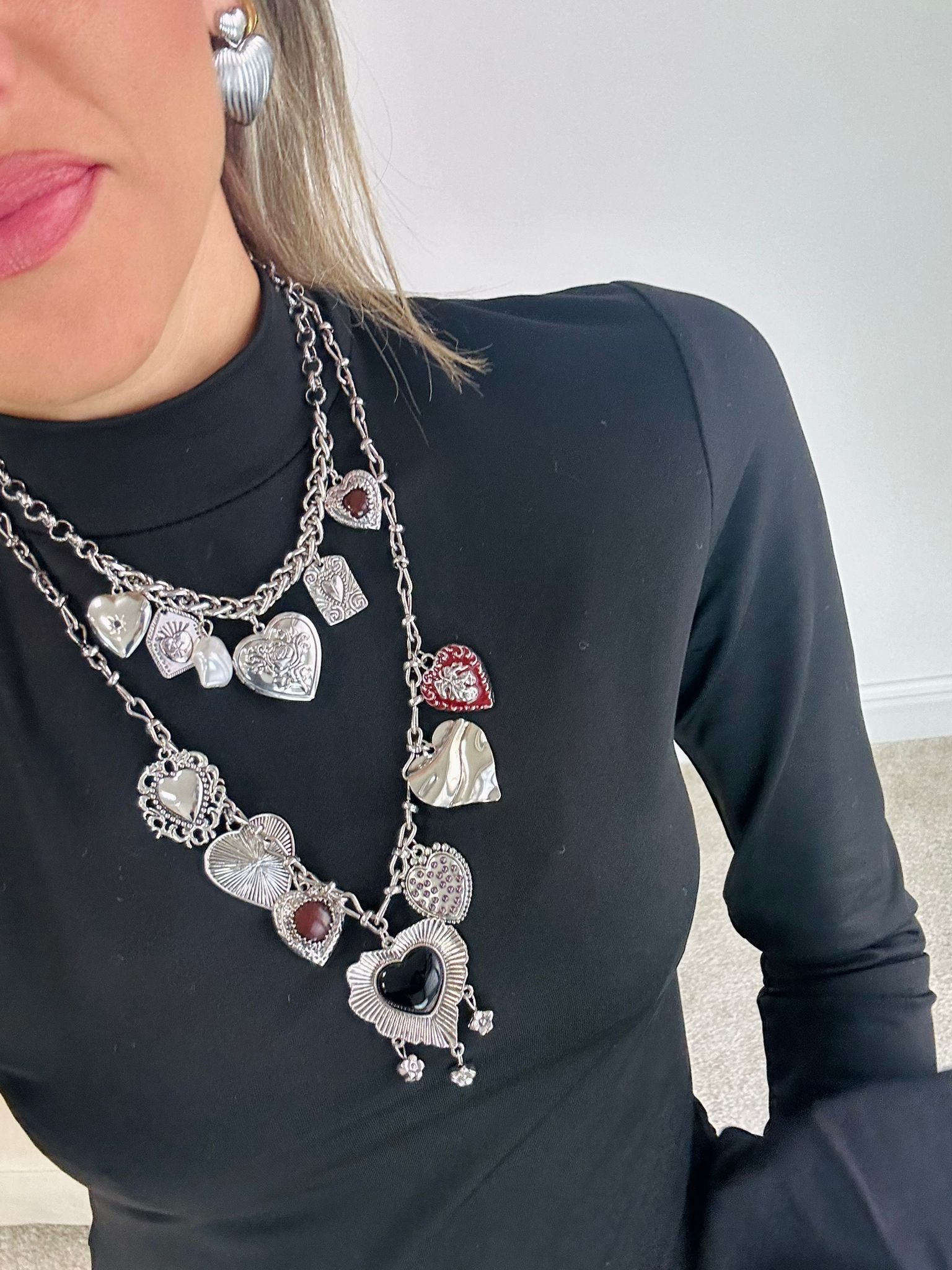 Collana doppio filo con cuori pendenti - Argento