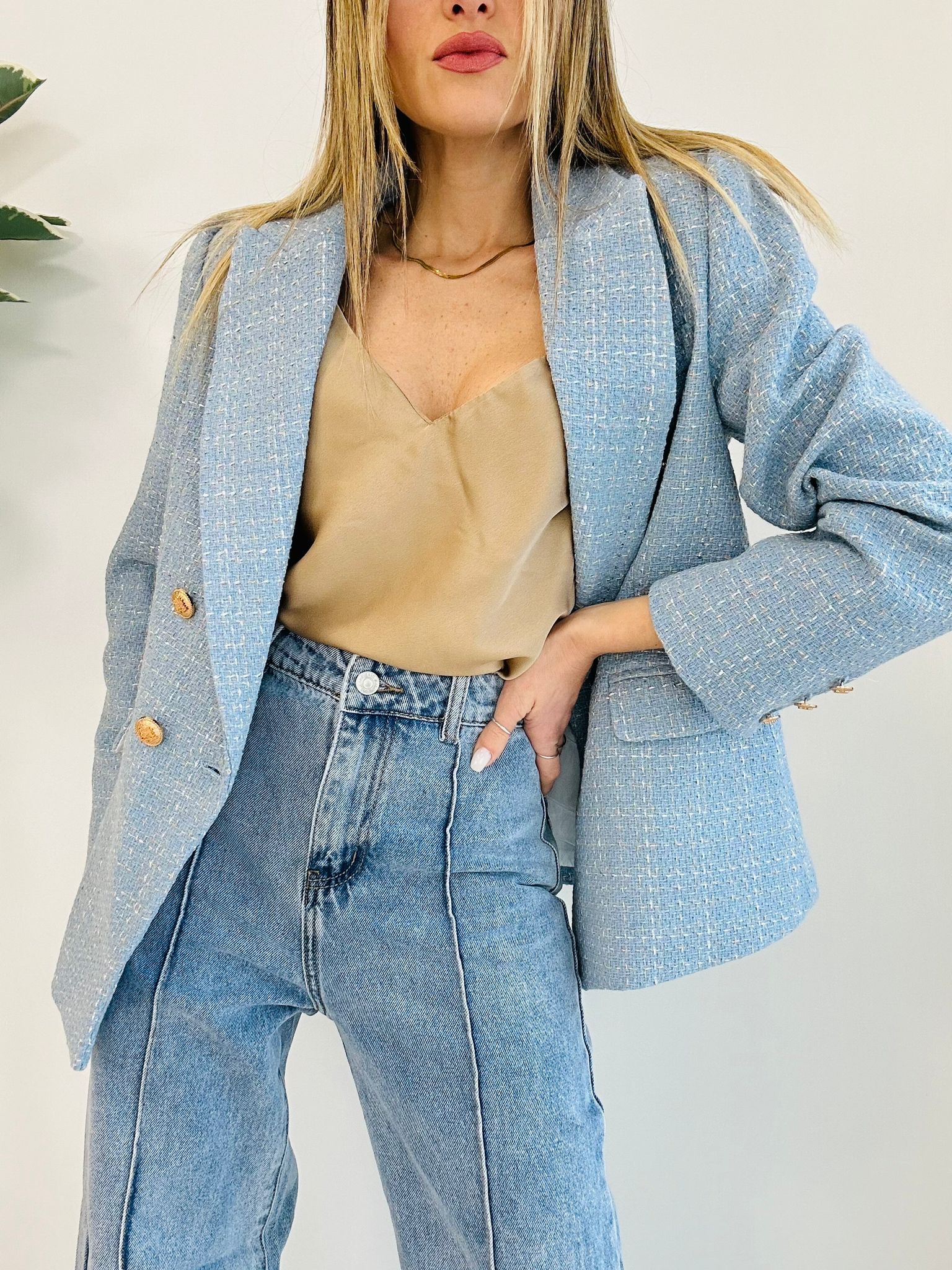 Veste en tweed à filaments laminés - Bleu Clair et Beige