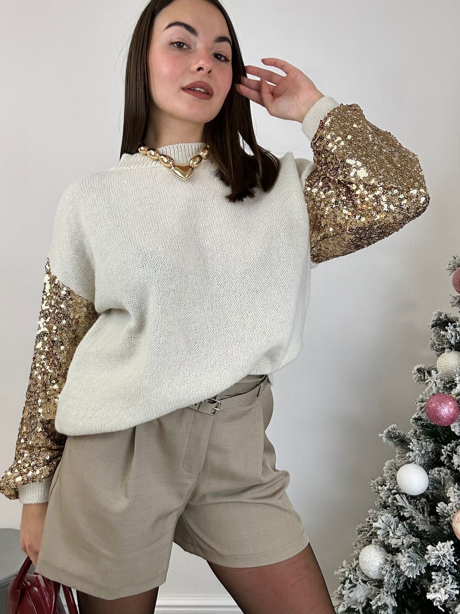 Maglione Manica con Paillettes - Beige