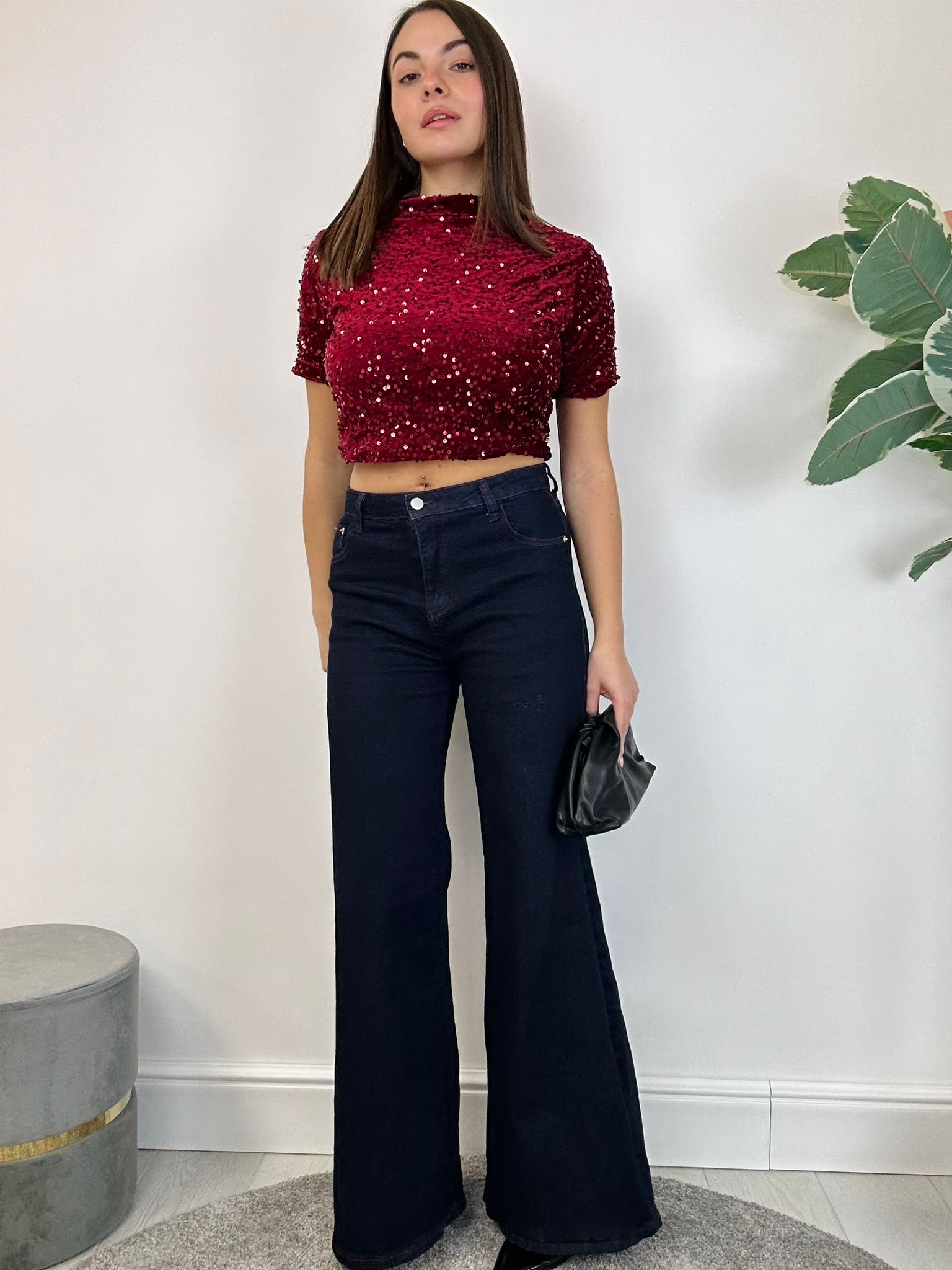 Maglia Crop con Paillettes - Bordeaux