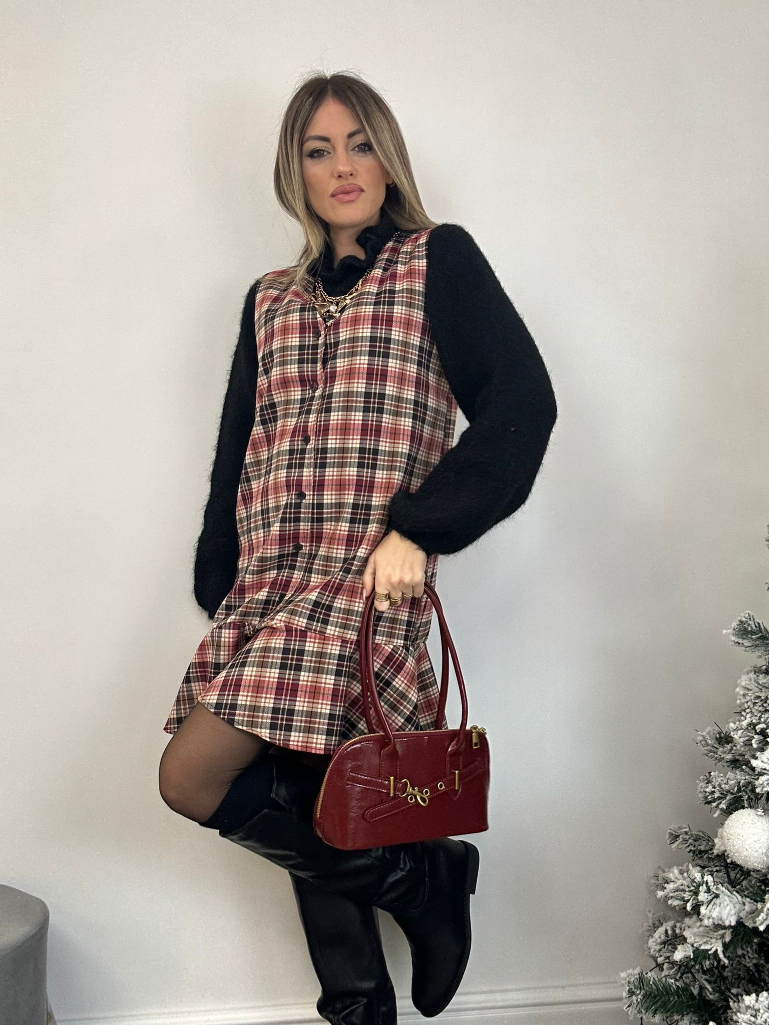 Abito Tartan Smanicato - Nero e Bordeaux