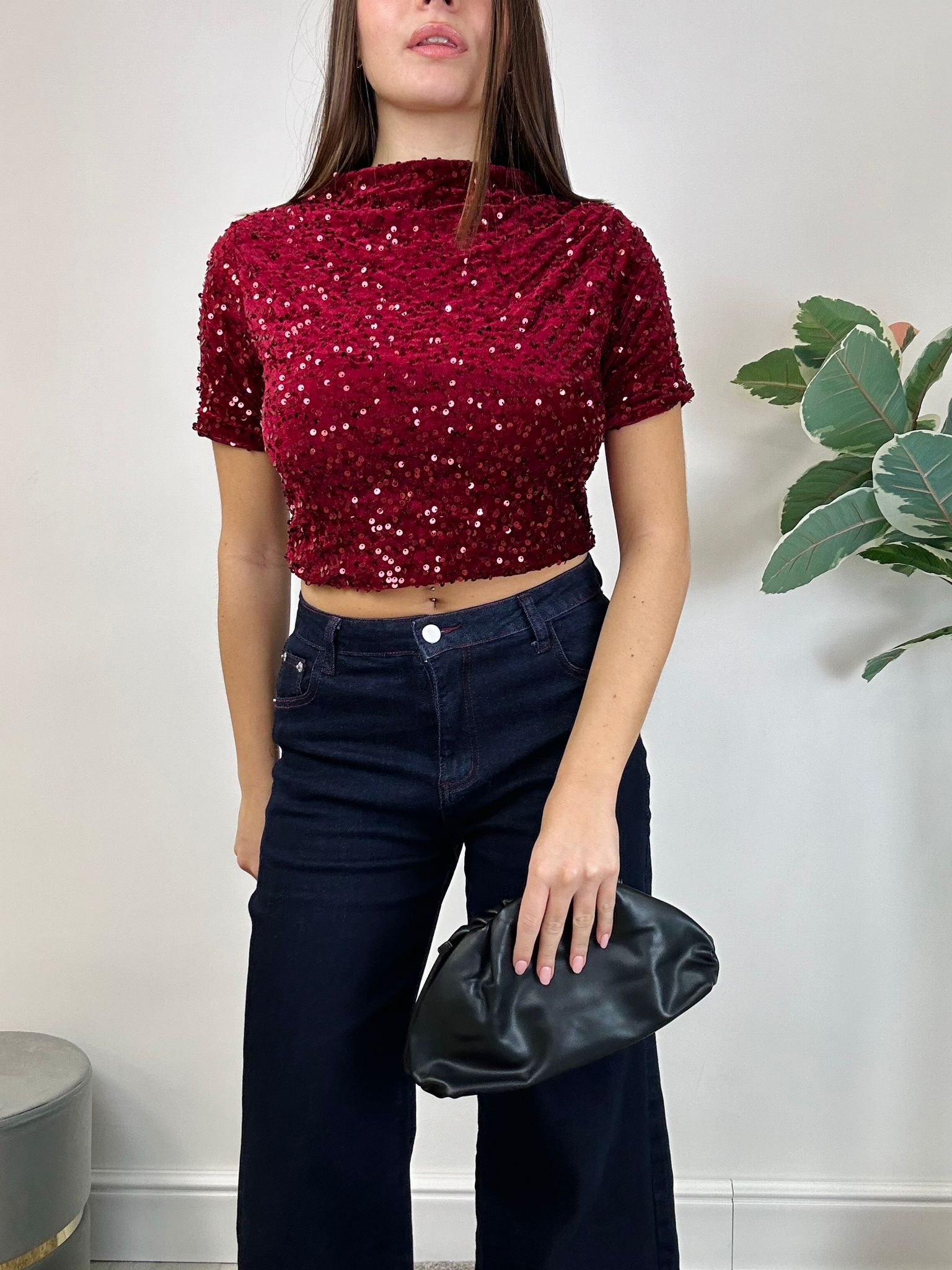 Maglia Crop con Paillettes - Bordeaux