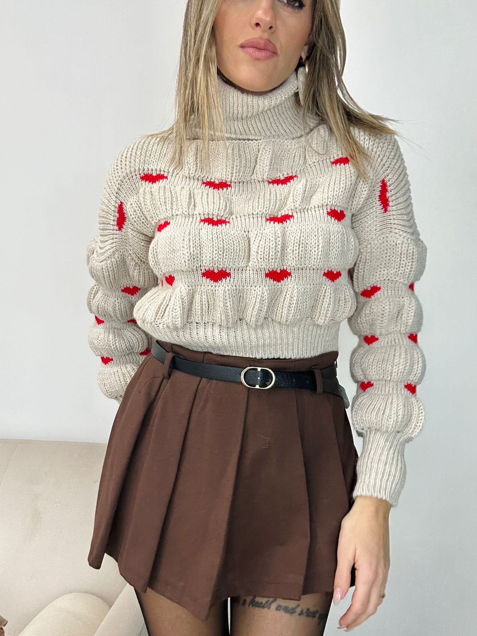 Maglione Crop Cuori - Beige