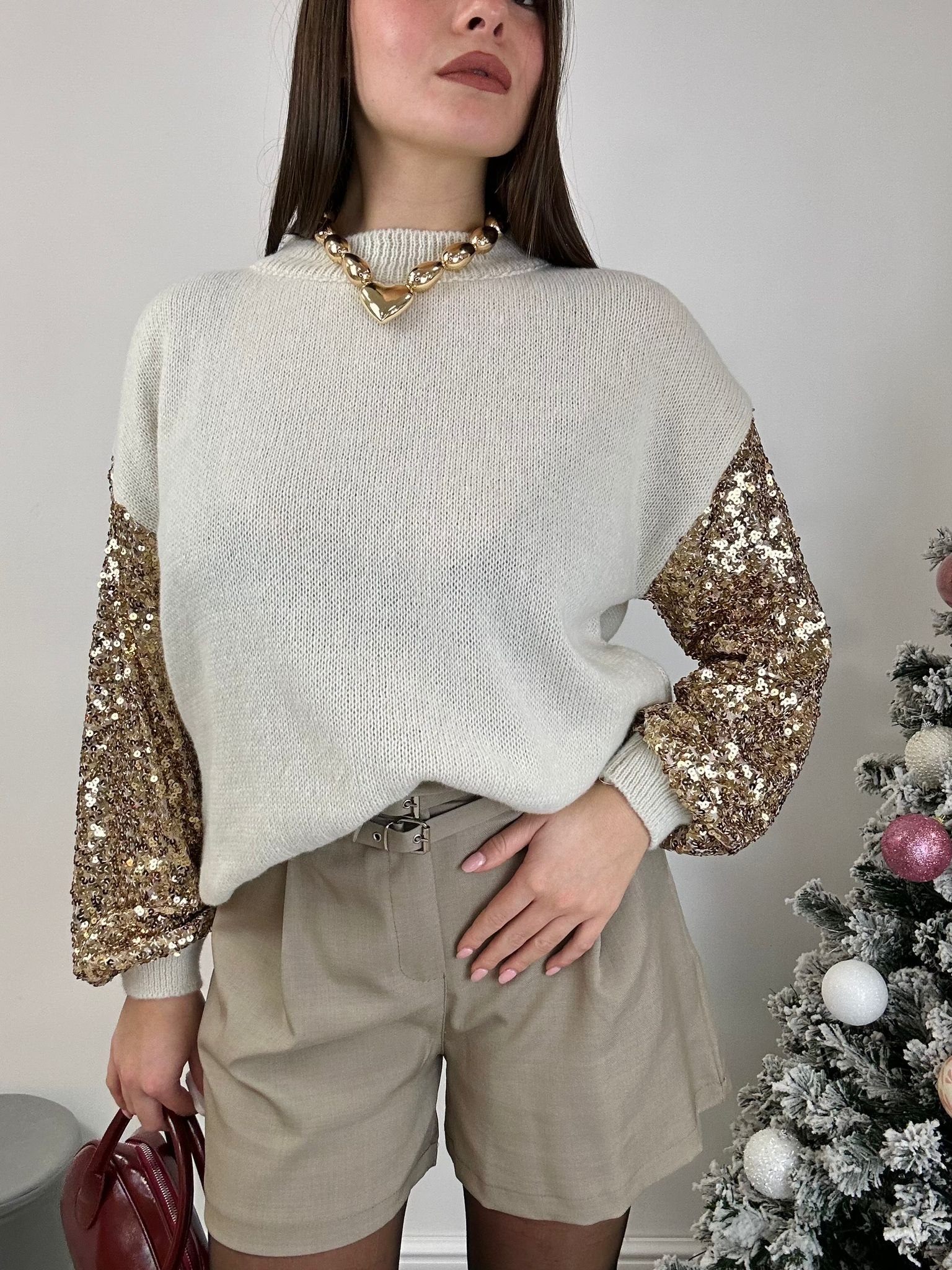 Maglione Manica con Paillettes - Beige