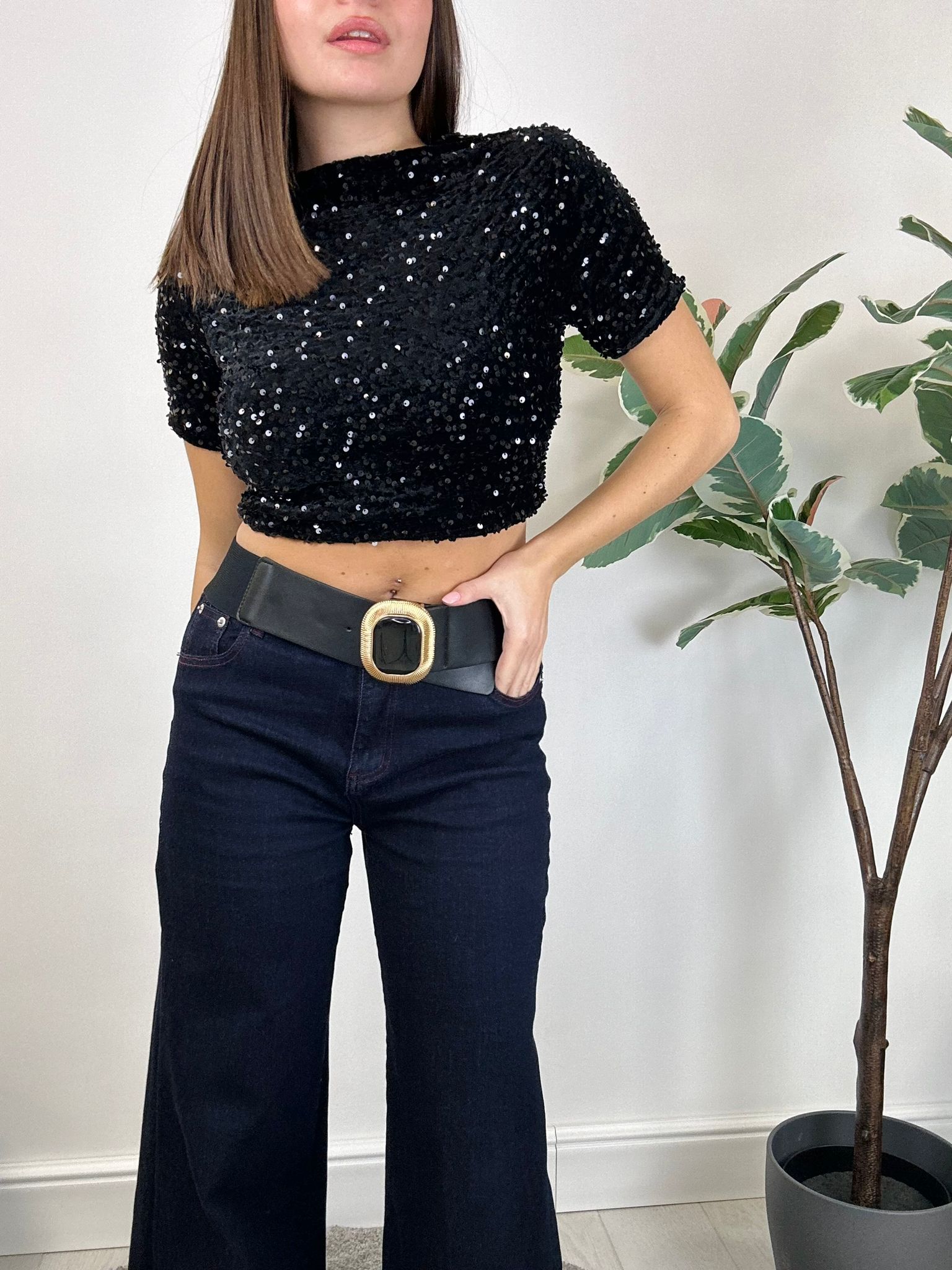 Maglia Crop con Paillettes - Nero