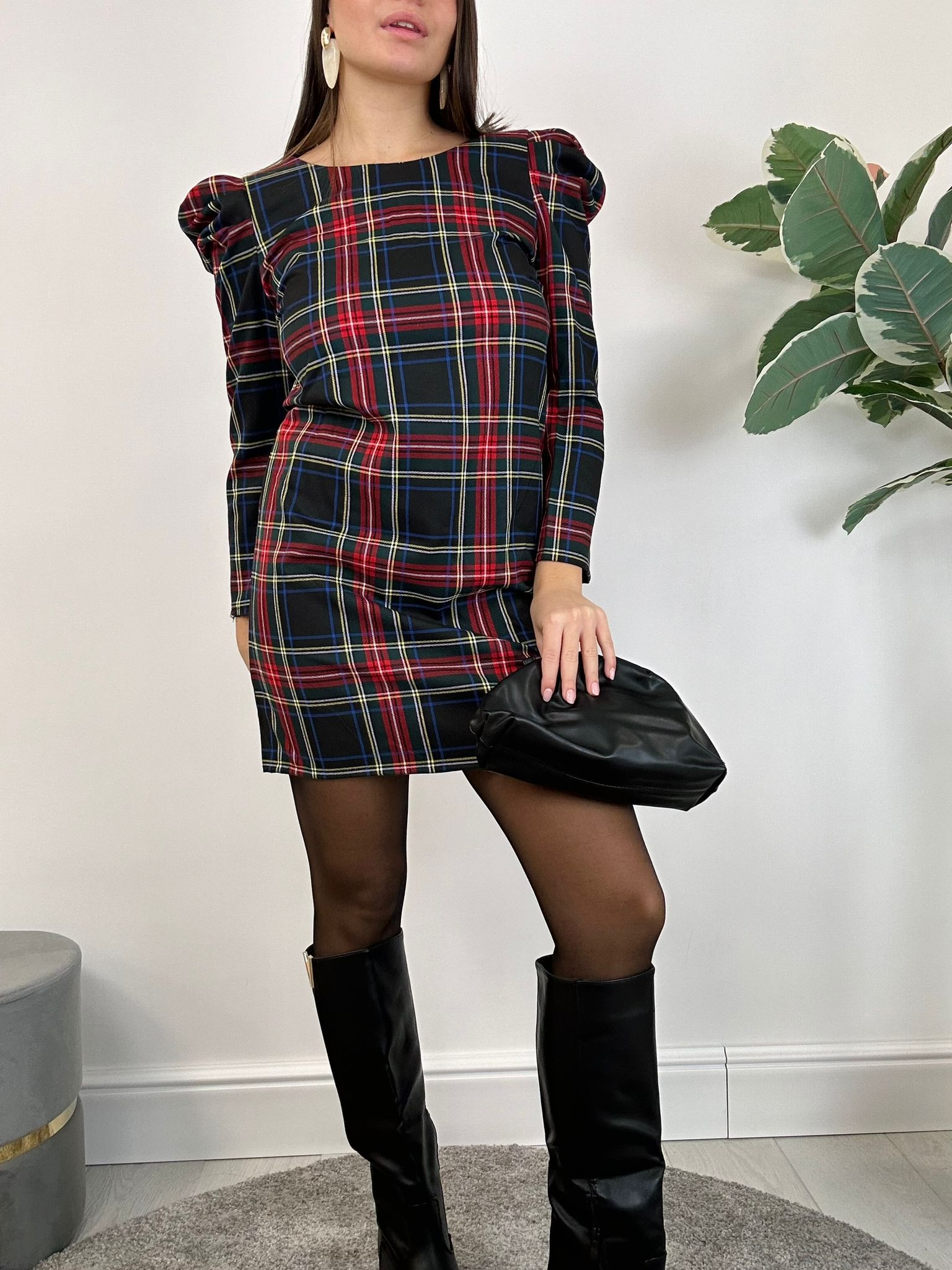 Robe tartan à épaules bouffantes - Noir