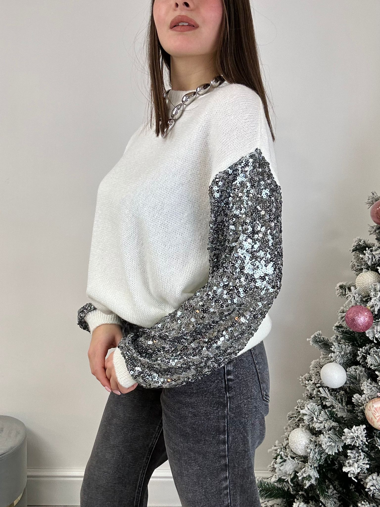 Maglione Manica con Paillettes - Bianco