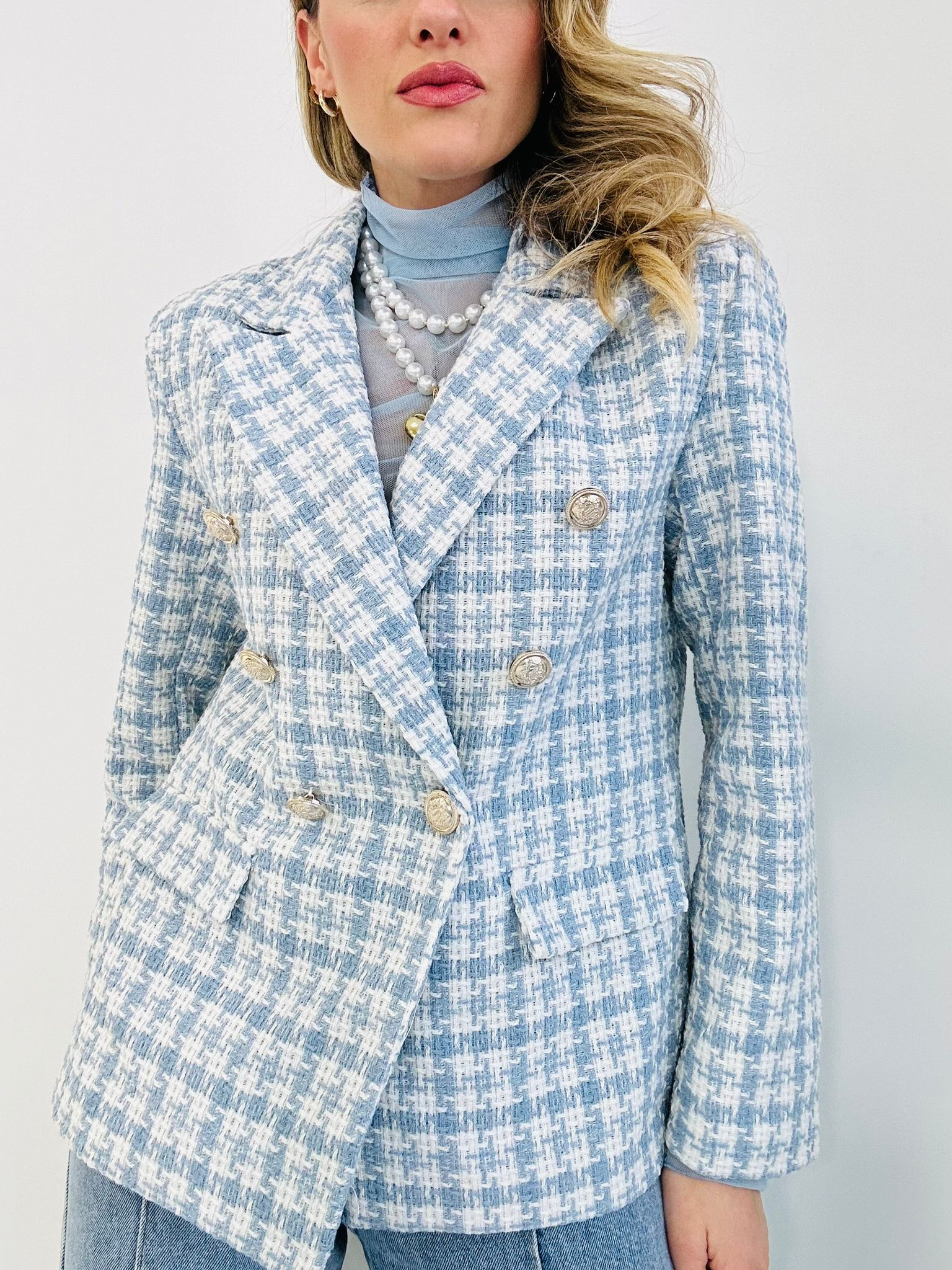 Veste en Tweed - Blanc et Bleu Clair DISPONIBLE UNIQUEMENT L