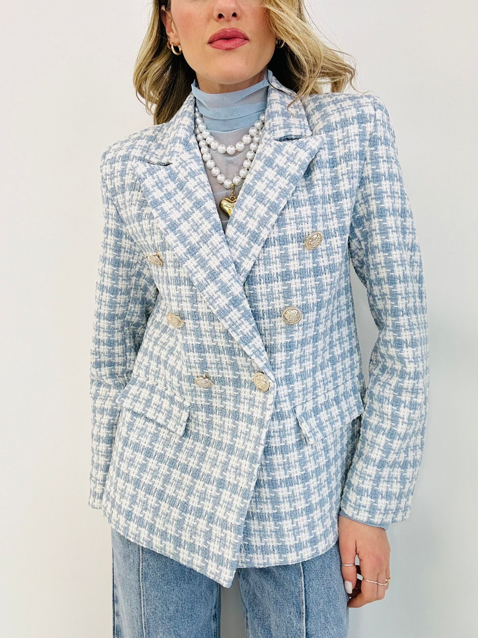 Veste en Tweed - Blanc et Bleu Clair DISPONIBLE UNIQUEMENT L