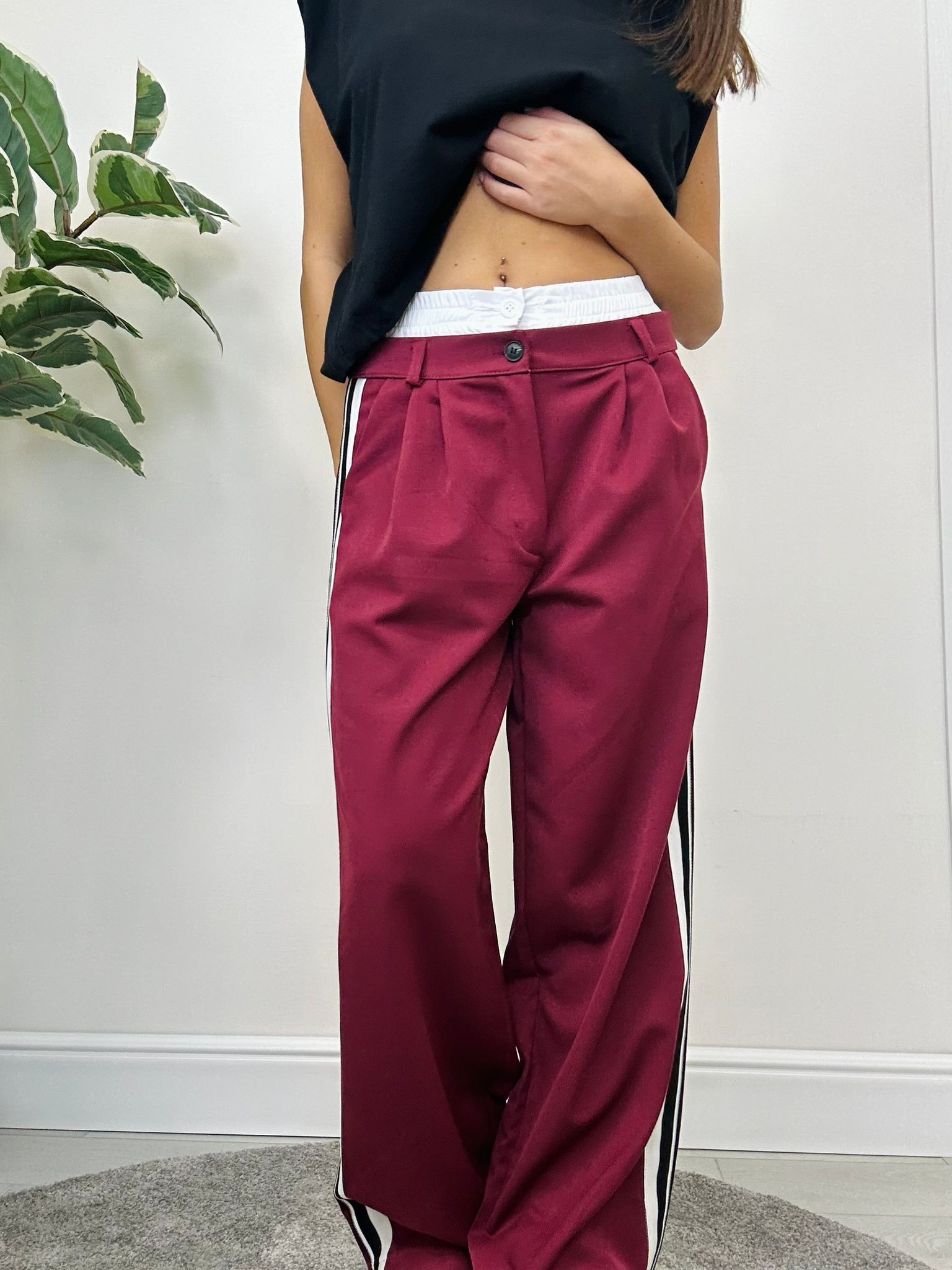 Pantalone con fascia elastica bianca - Bordeaux