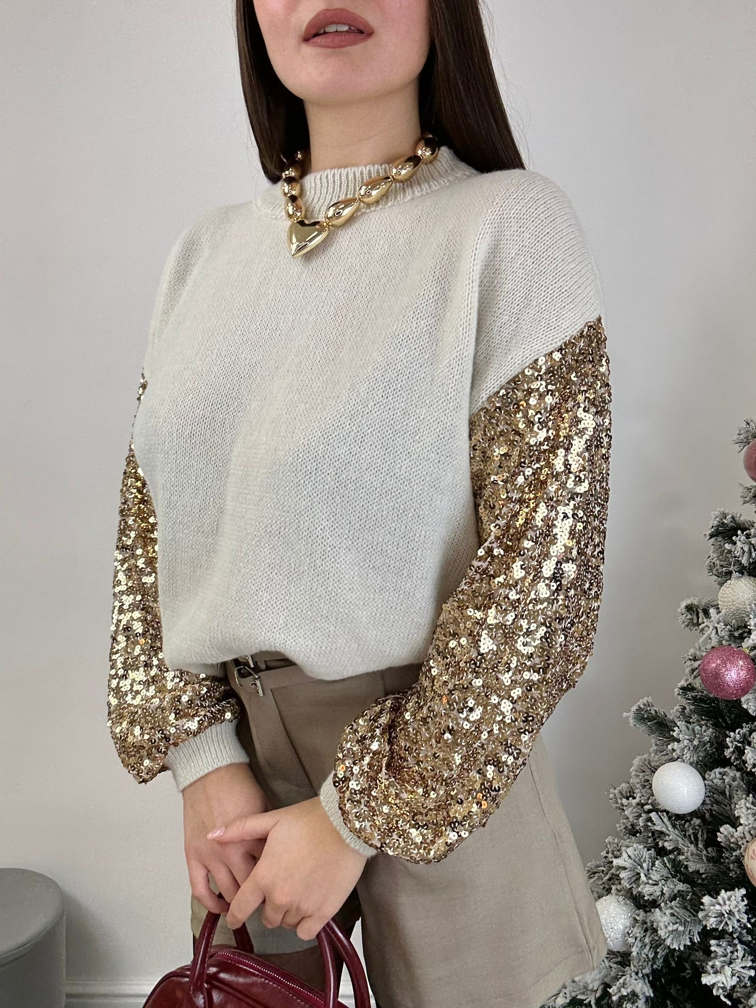 Maglione Manica con Paillettes - Beige