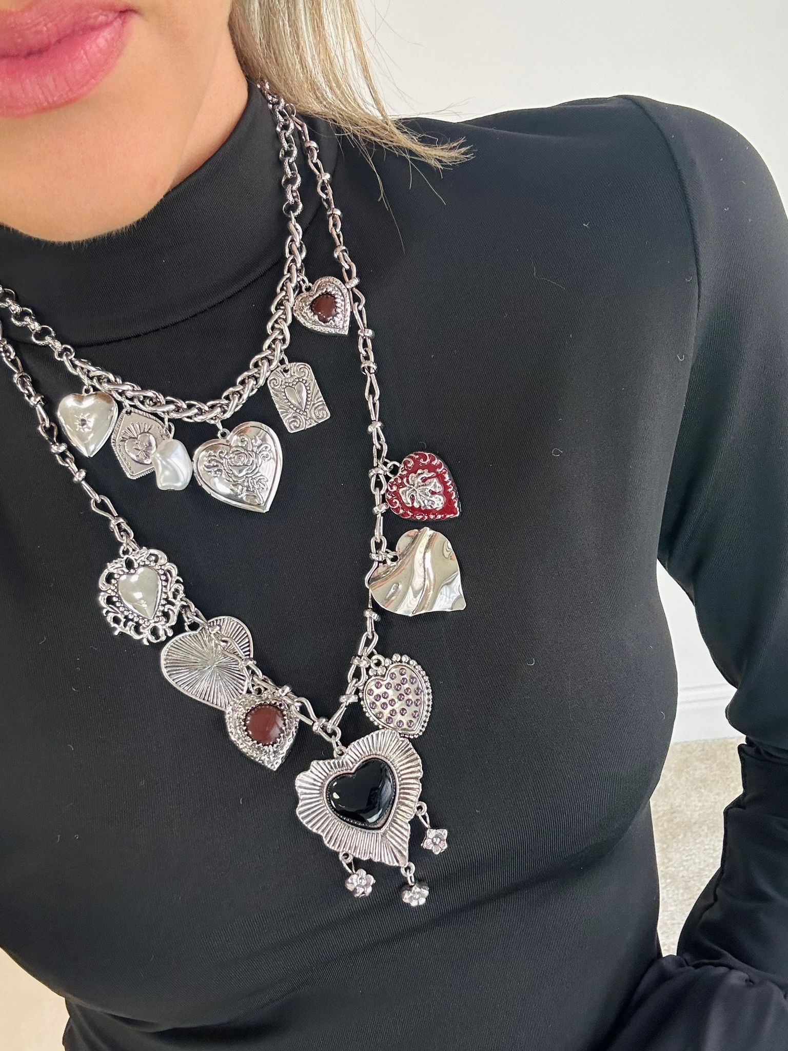 Collana doppio filo con cuori pendenti - Argento