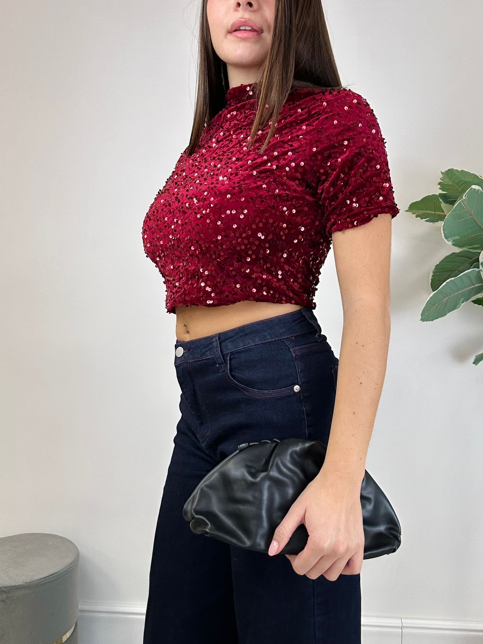 Maglia Crop con Paillettes - Bordeaux