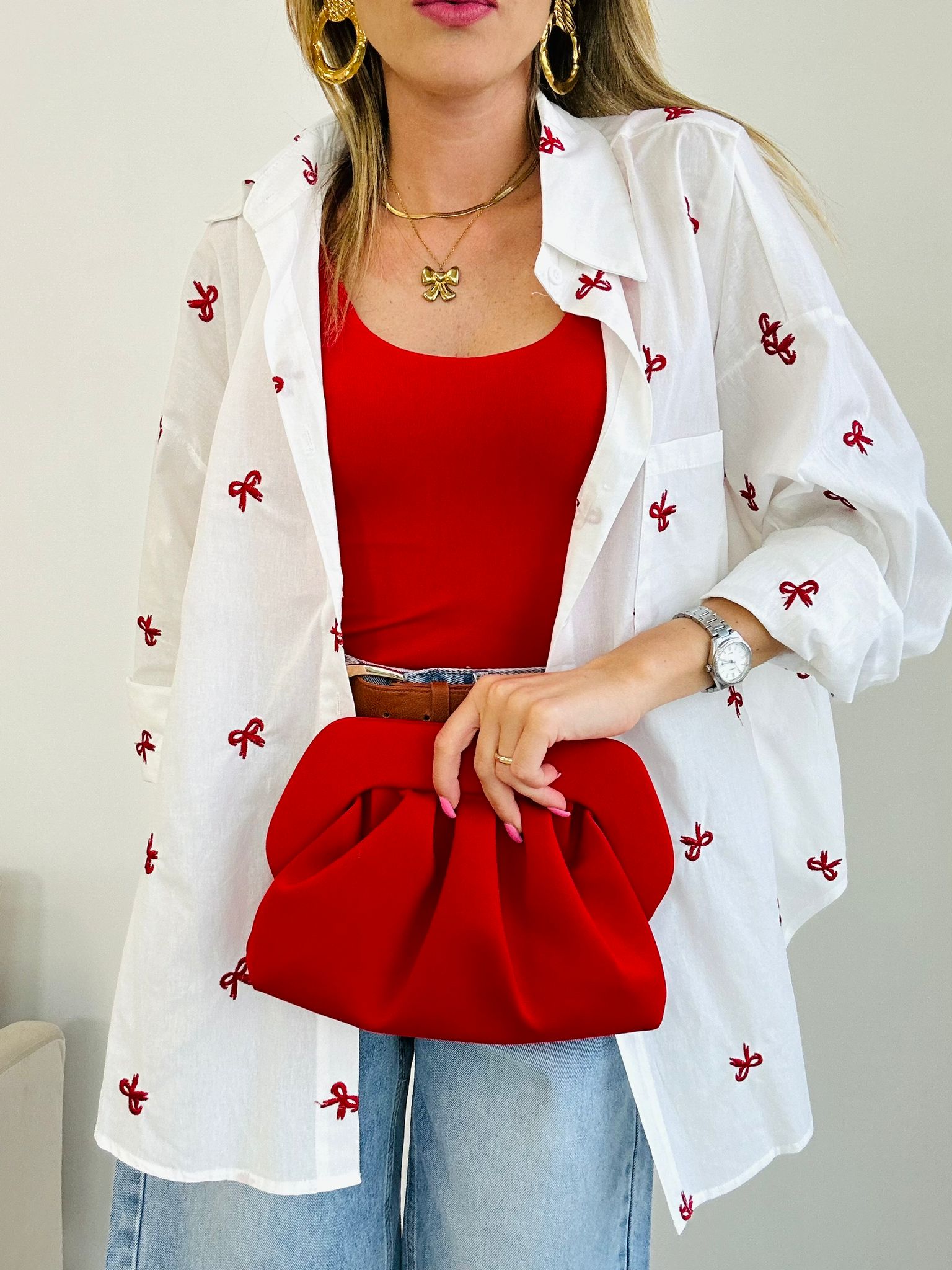 Camicia con fiocchi rossi - Bianco