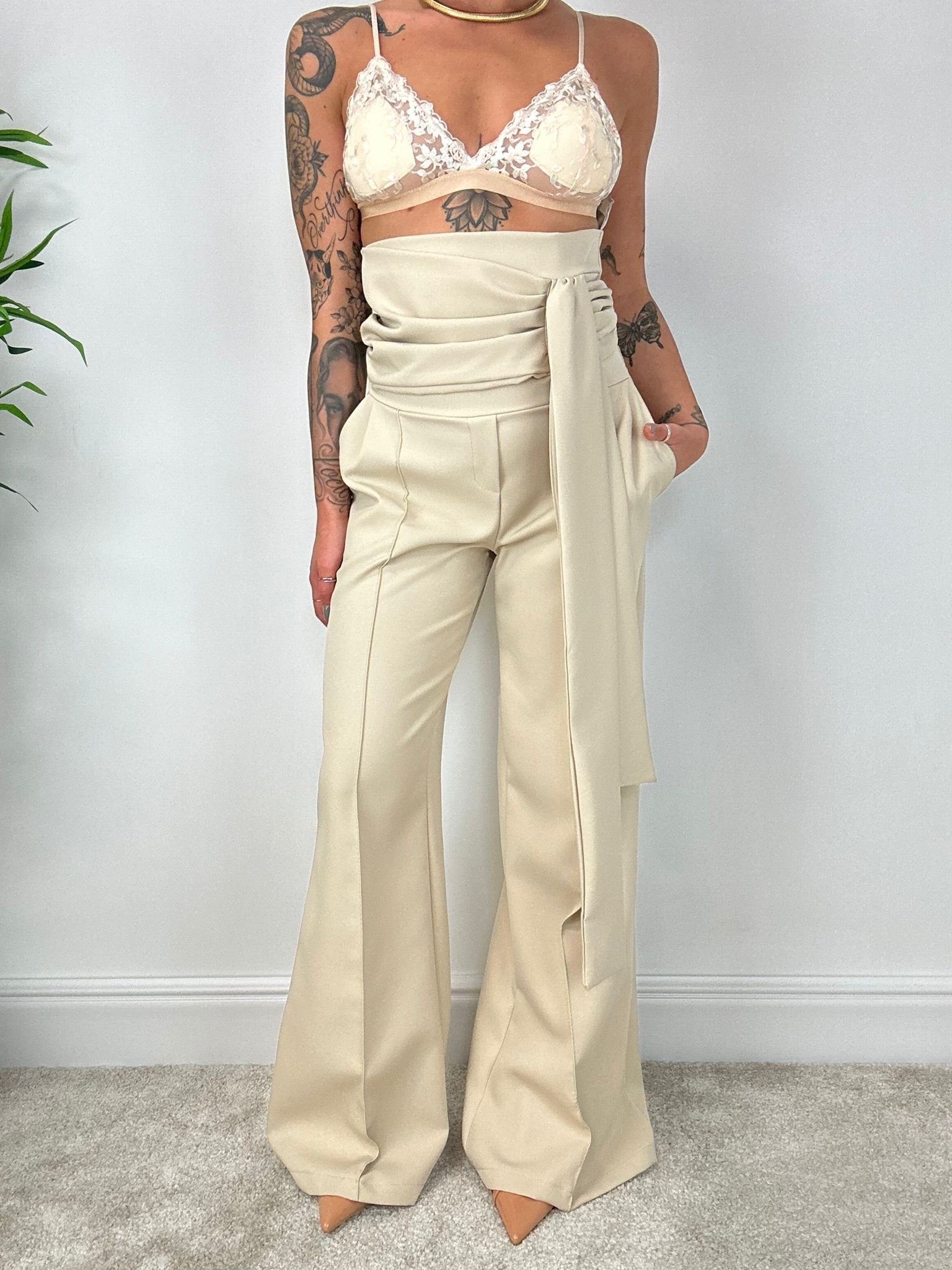 Palazzo-Hose mit hoher Taille - Beige