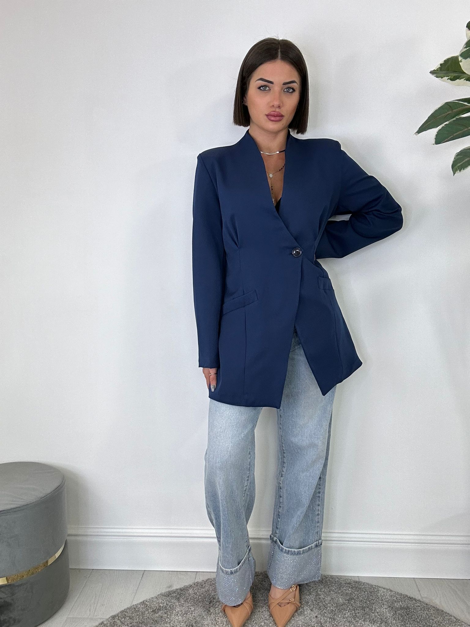 Kragenloser Blazer - Blau