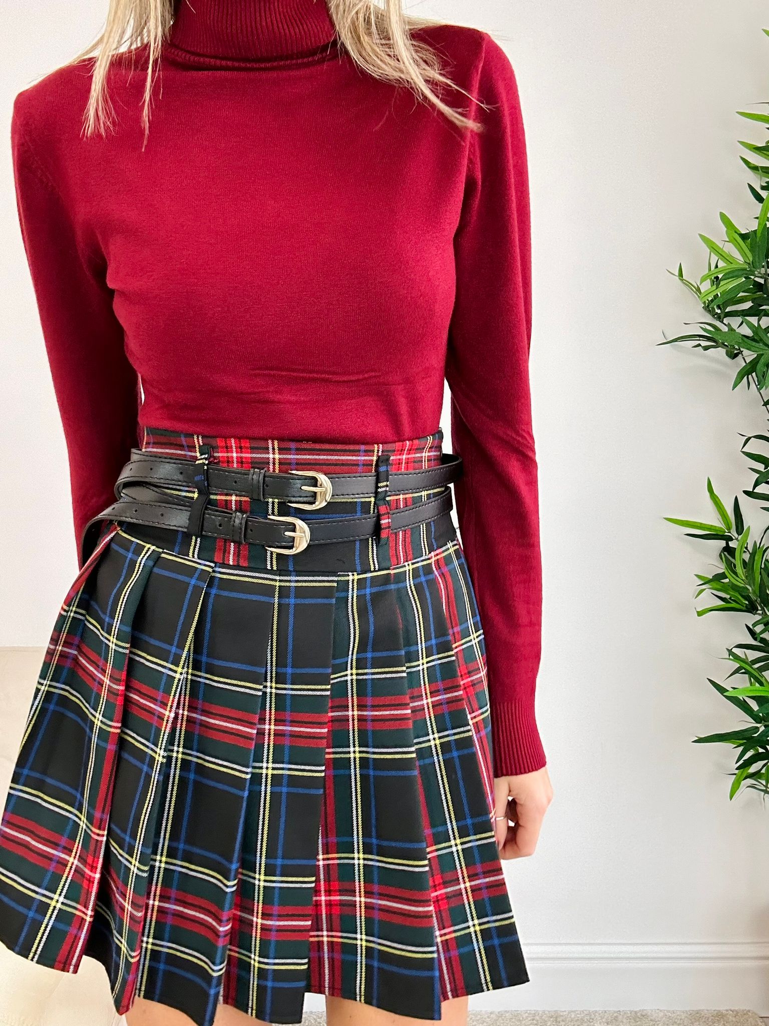 Gonna Tartan con doppia cintura - Nero