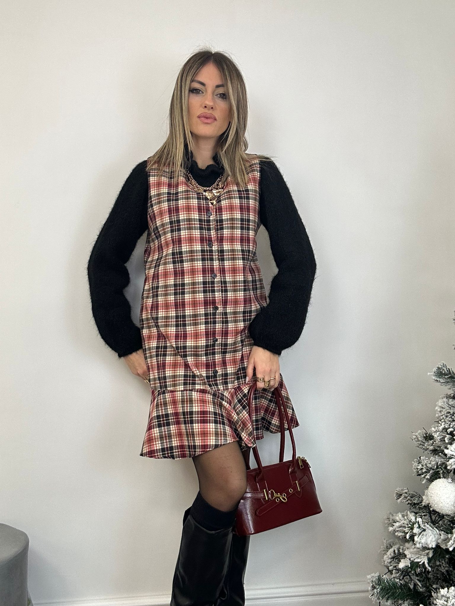 Abito Tartan Smanicato - Nero e Bordeaux