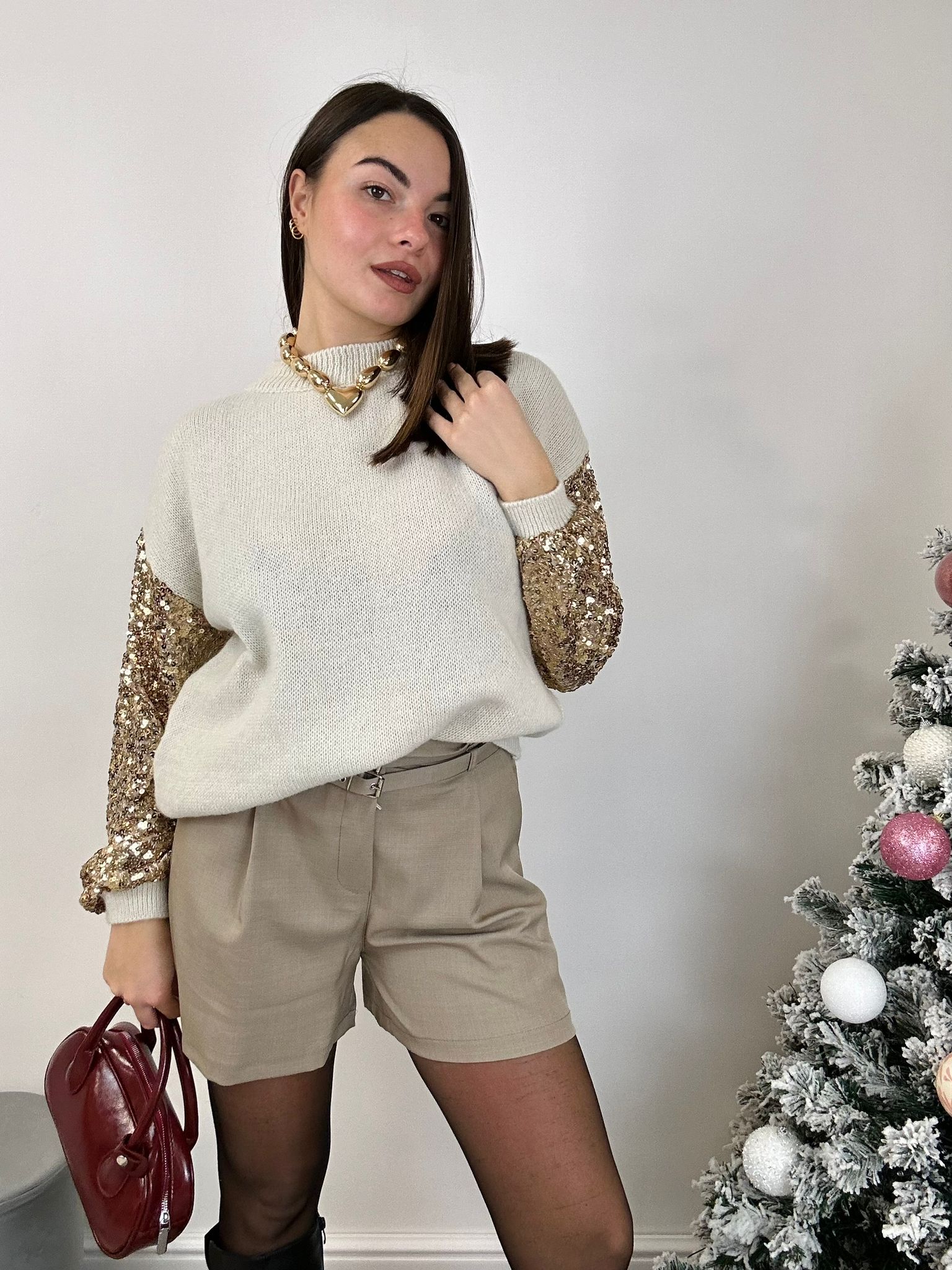 Maglione Manica con Paillettes - Beige