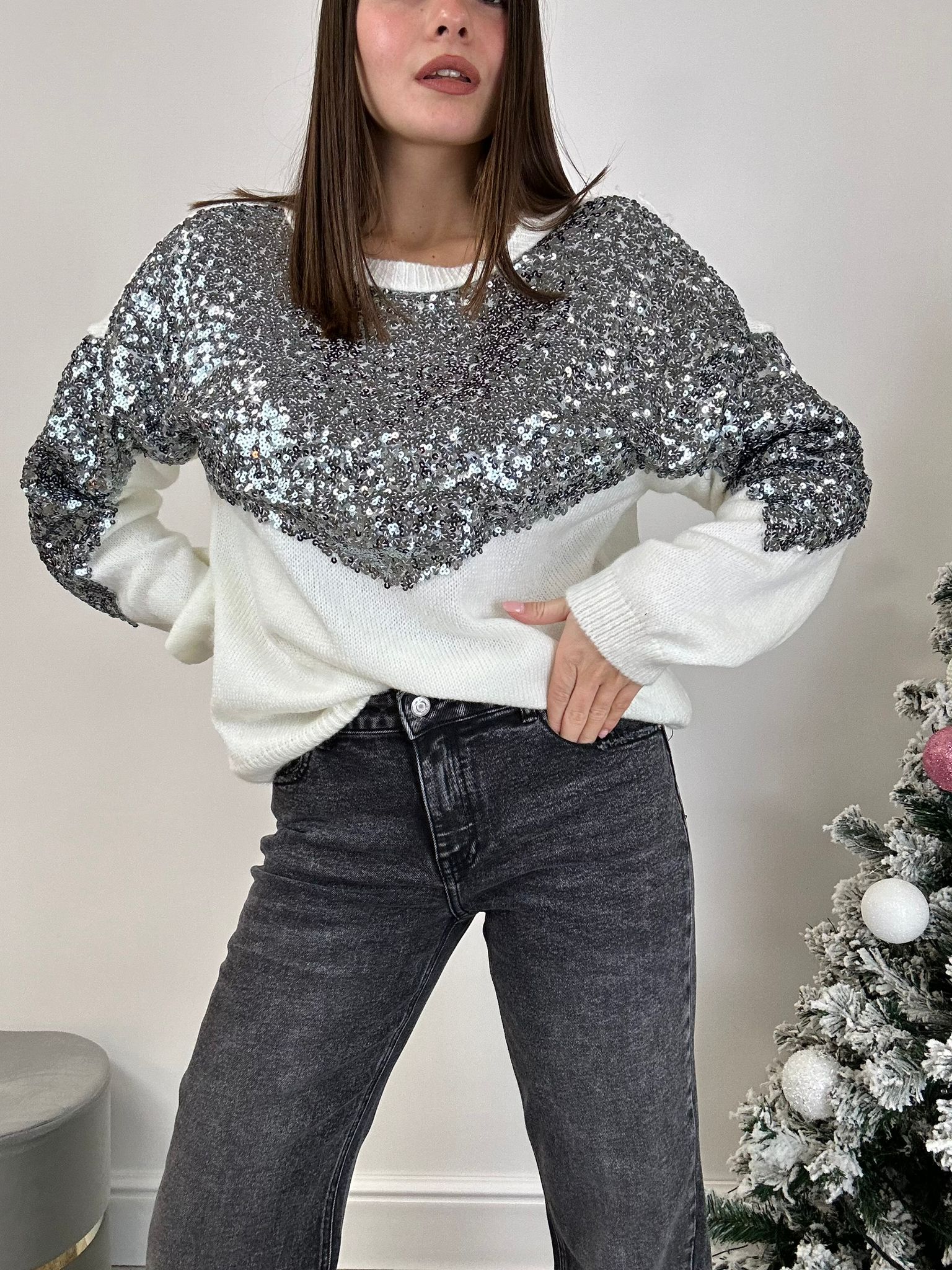 Maglione con paillettes - Bianco