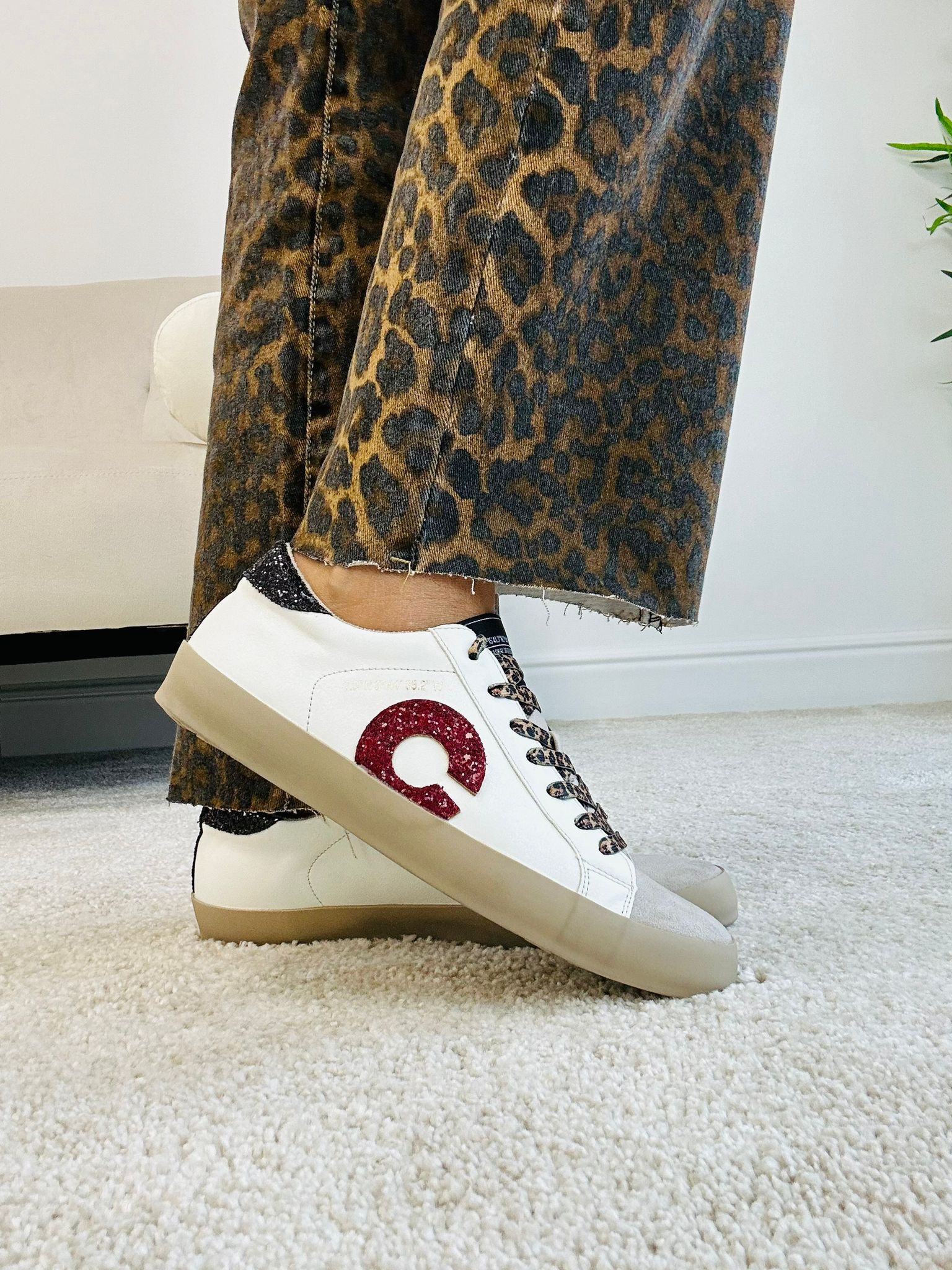 Sneakers Corina - Bianco con lacci animalier