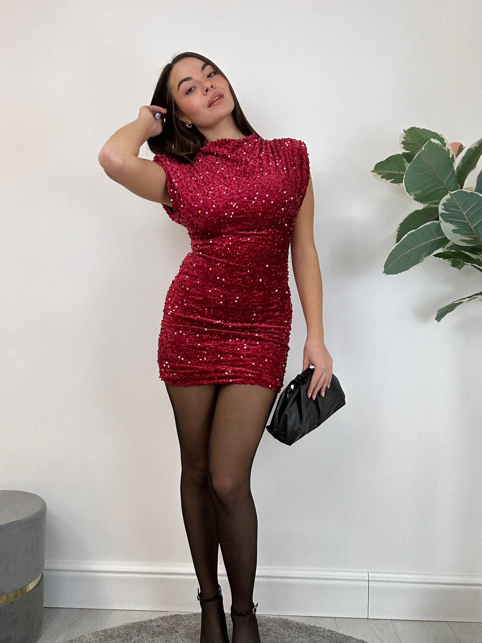 Kleid mit Pailletten – Dunkelrot